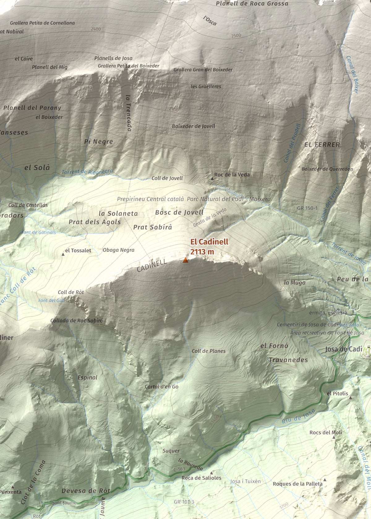 Mapa de relieve del Cadinell, 2113 m, Alt Urgell, lámina 100 Cims de Trobart. Detalle de la zona central. 50 × 70 cm.