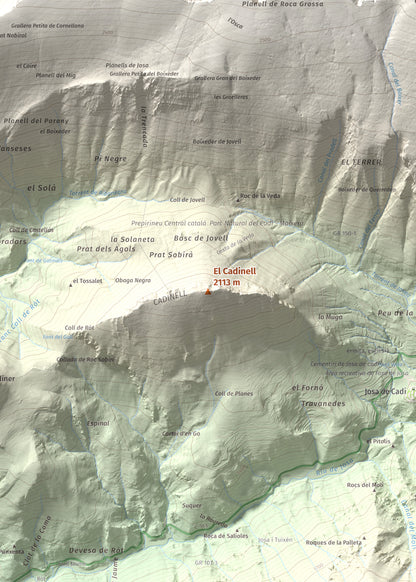 Mapa de relieve del Cadinell, 2113 m, Alt Urgell, lámina 100 Cims de Trobart. Detalle de la zona central. 50 × 70 cm.