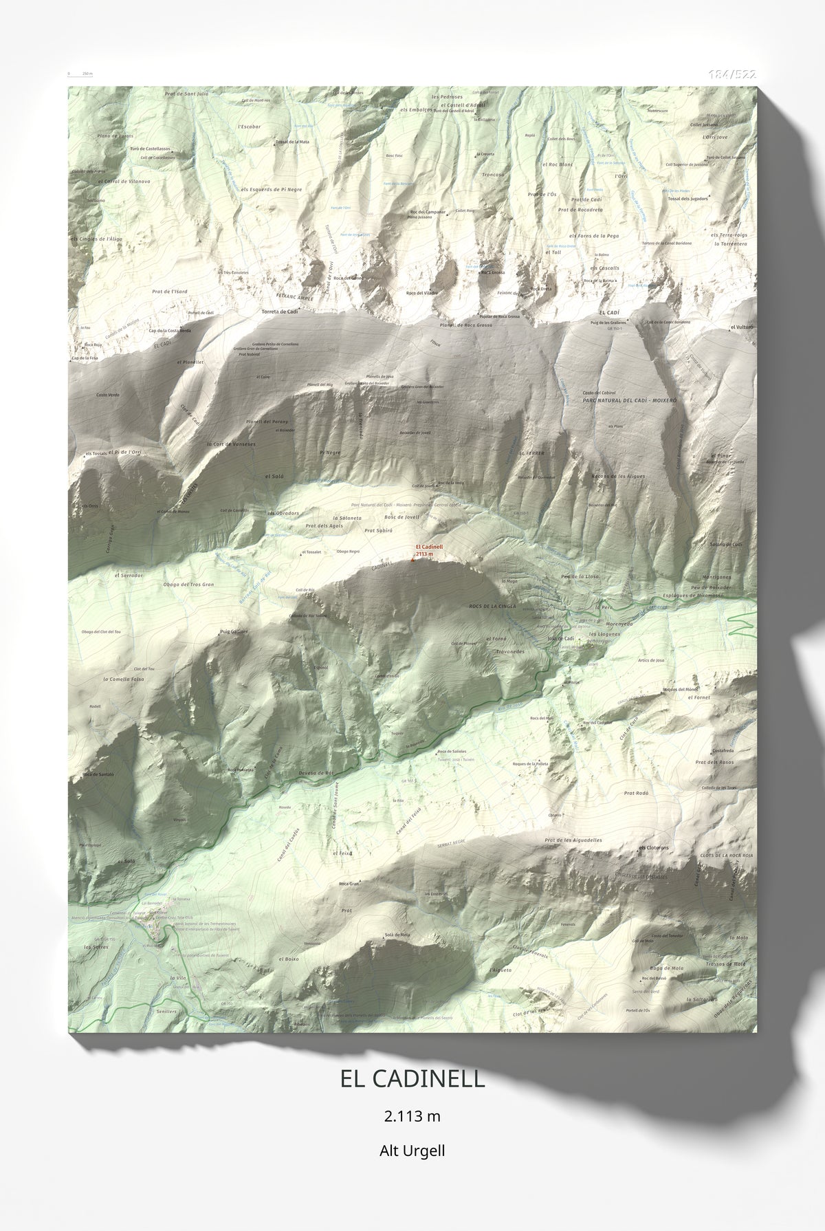 Mapa de relieve del Cadinell, 2113 m, Alt Urgell, lámina 100 Cims de Trobart 61 × 91 cm.