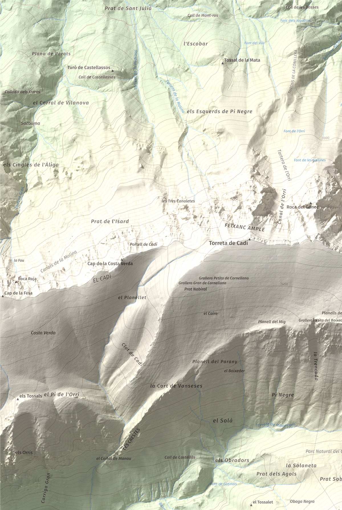 Mapa de relieve del Cadinell, 2113 m, Alt Urgell, lámina 100 Cims de Trobart. Detalle de la zona superior izquierda. 61 × 91 cm.