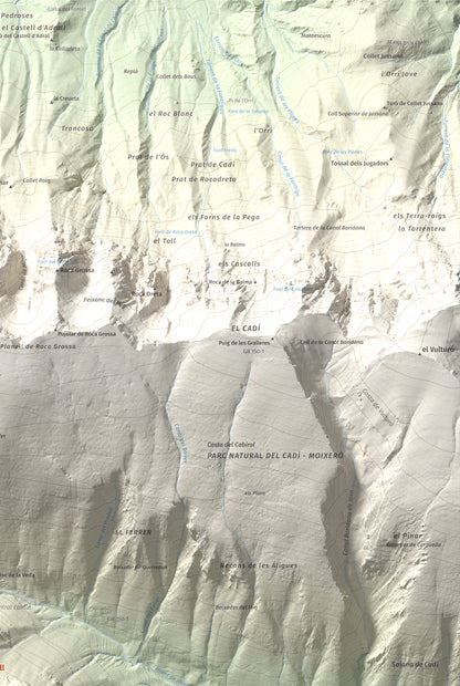 Mapa de relieve del Cadinell, 2113 m, Alt Urgell, lámina 100 Cims de Trobart. Detalle de la zona superior derecha. 61 × 91 cm.