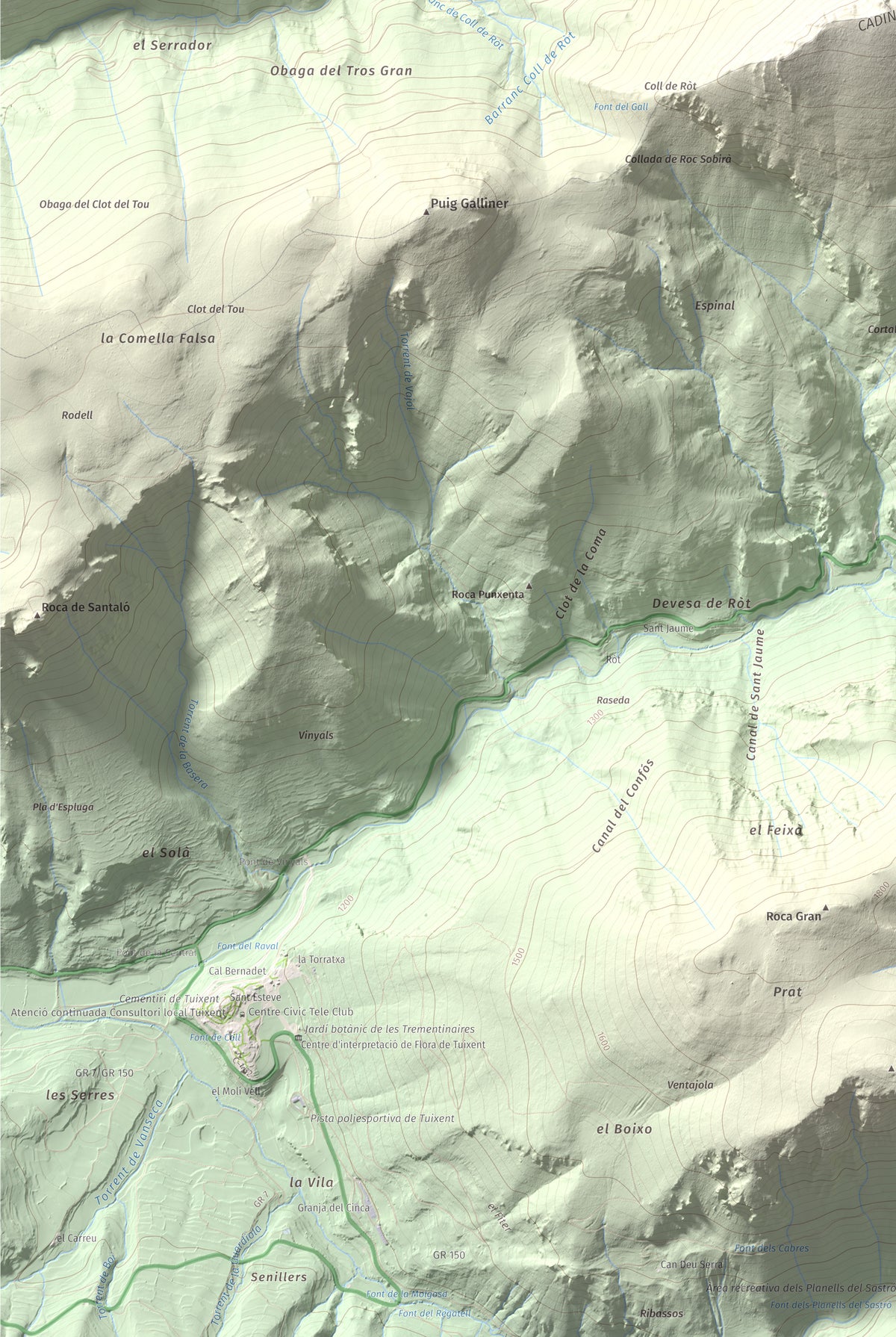 Mapa de relieve del Cadinell, 2113 m, Alt Urgell, lámina 100 Cims de Trobart. Detalle de la zona inferior izquierda. 61 × 91 cm.