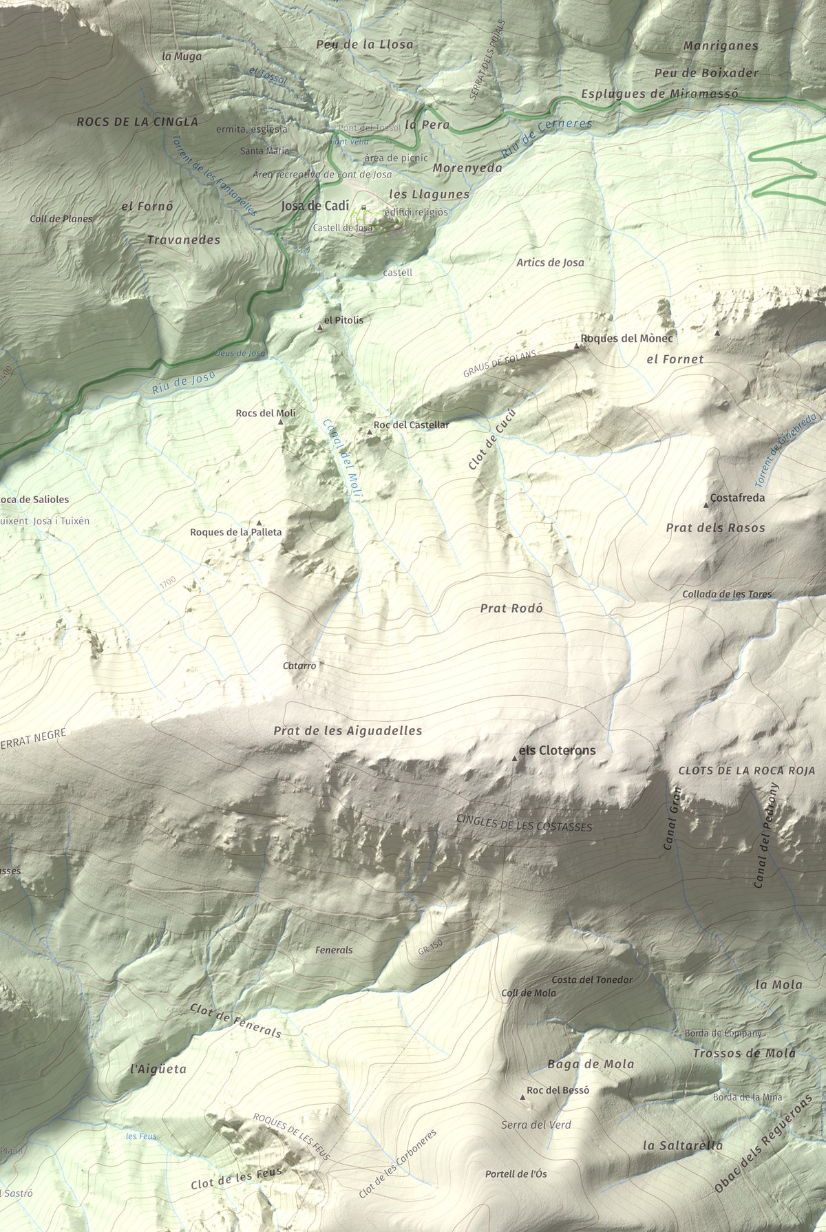 Mapa de relieve del Cadinell, 2113 m, Alt Urgell, lámina 100 Cims de Trobart. Detalle de la zona inferior derecha. 61 × 91 cm.