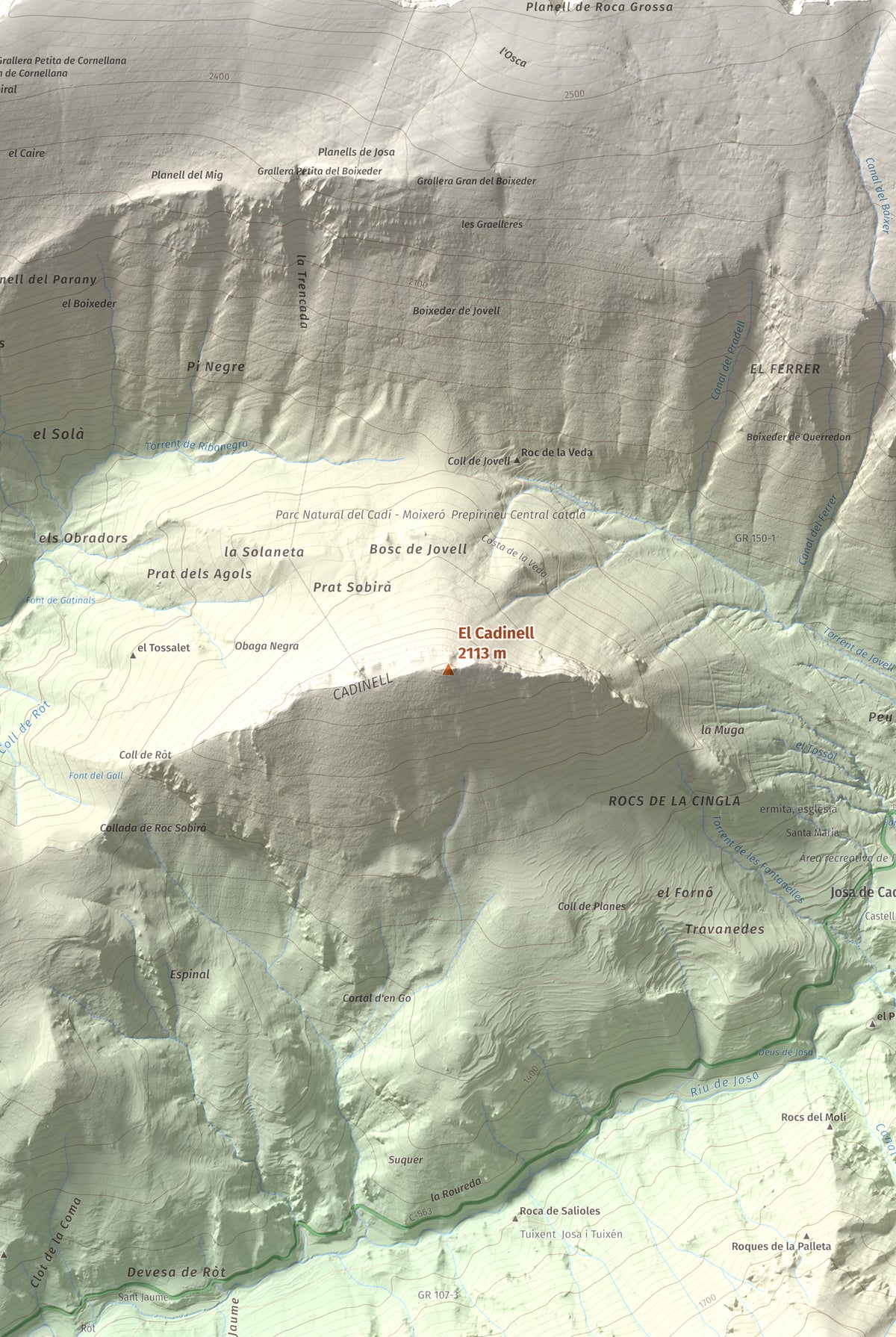 Mapa de relieve del Cadinell, 2113 m, Alt Urgell, lámina 100 Cims de Trobart. Detalle de la zona central. 61 × 91 cm.