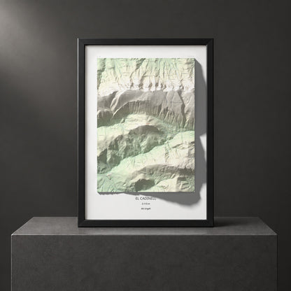 Mapa de relieve del Cadinell, 2113 m, Alt Urgell, lámina 100 Cims de Trobart. Presentación enmarcada. 70 × 100 cm.