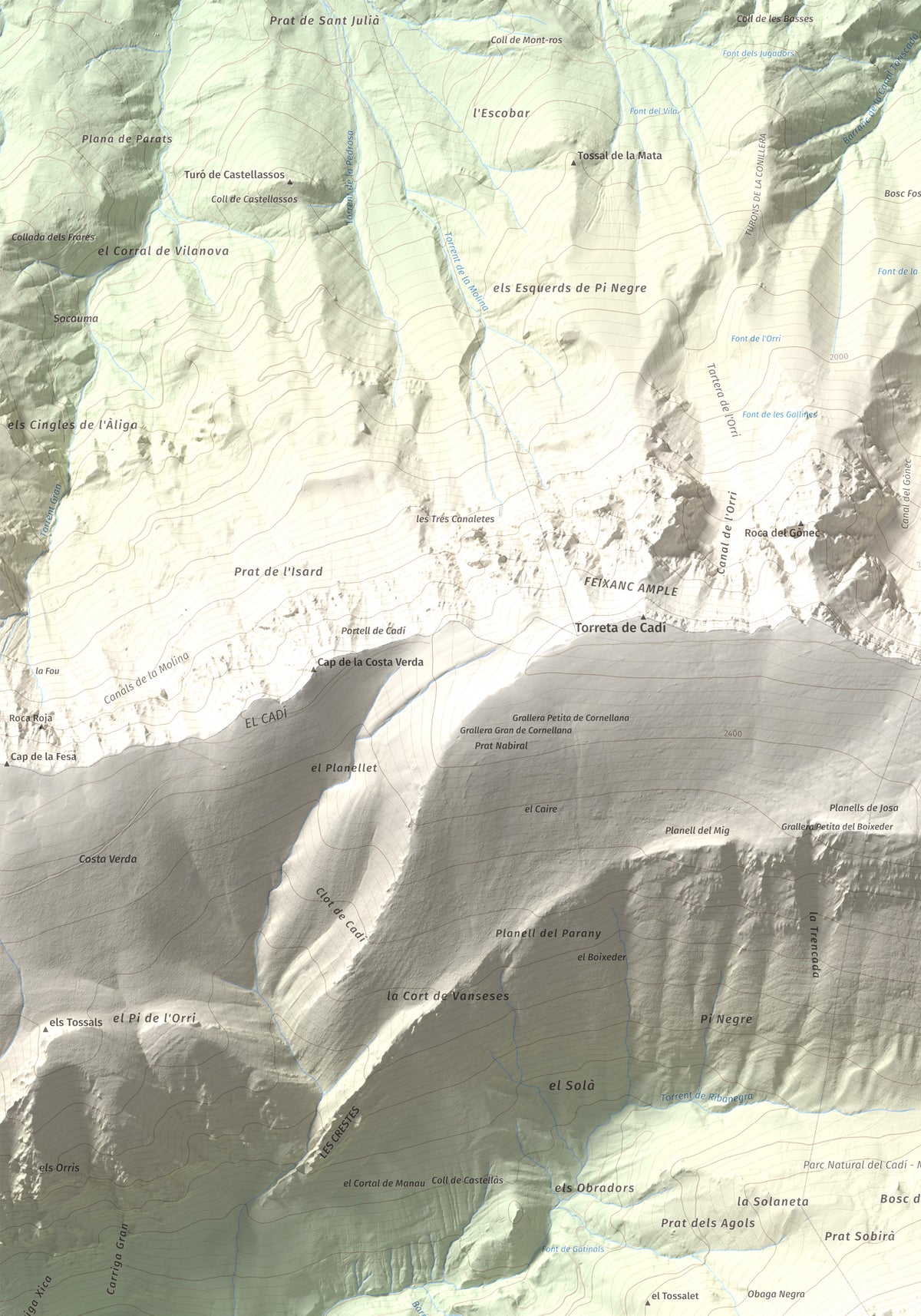 Mapa de relieve del Cadinell, 2113 m, Alt Urgell, lámina 100 Cims de Trobart. Detalle de la zona superior izquierda. 70 × 100 cm.