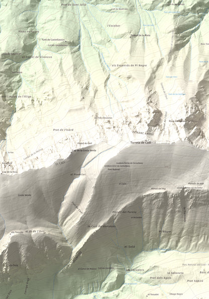 Mapa de relieve del Cadinell, 2113 m, Alt Urgell, lámina 100 Cims de Trobart. Detalle de la zona superior izquierda. 70 × 100 cm.
