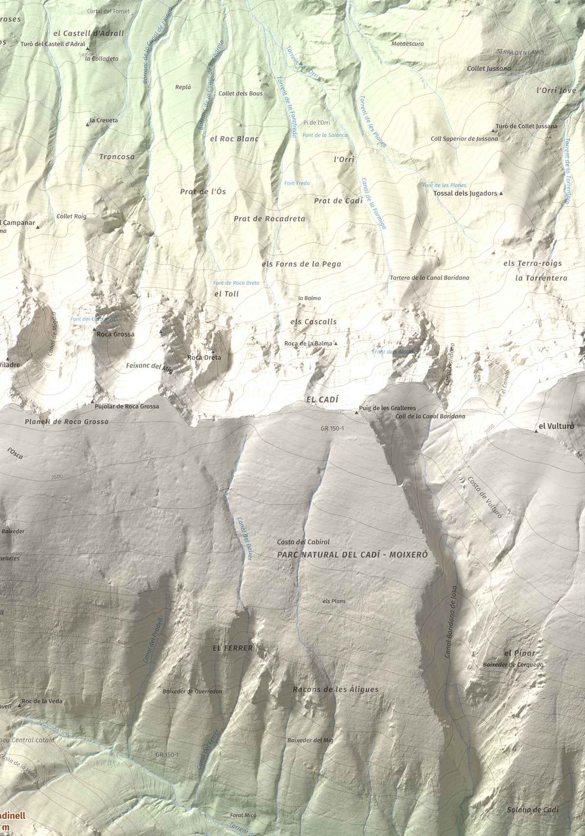 Mapa de relieve del Cadinell, 2113 m, Alt Urgell, lámina 100 Cims de Trobart. Detalle de la zona superior derecha. 70 × 100 cm.