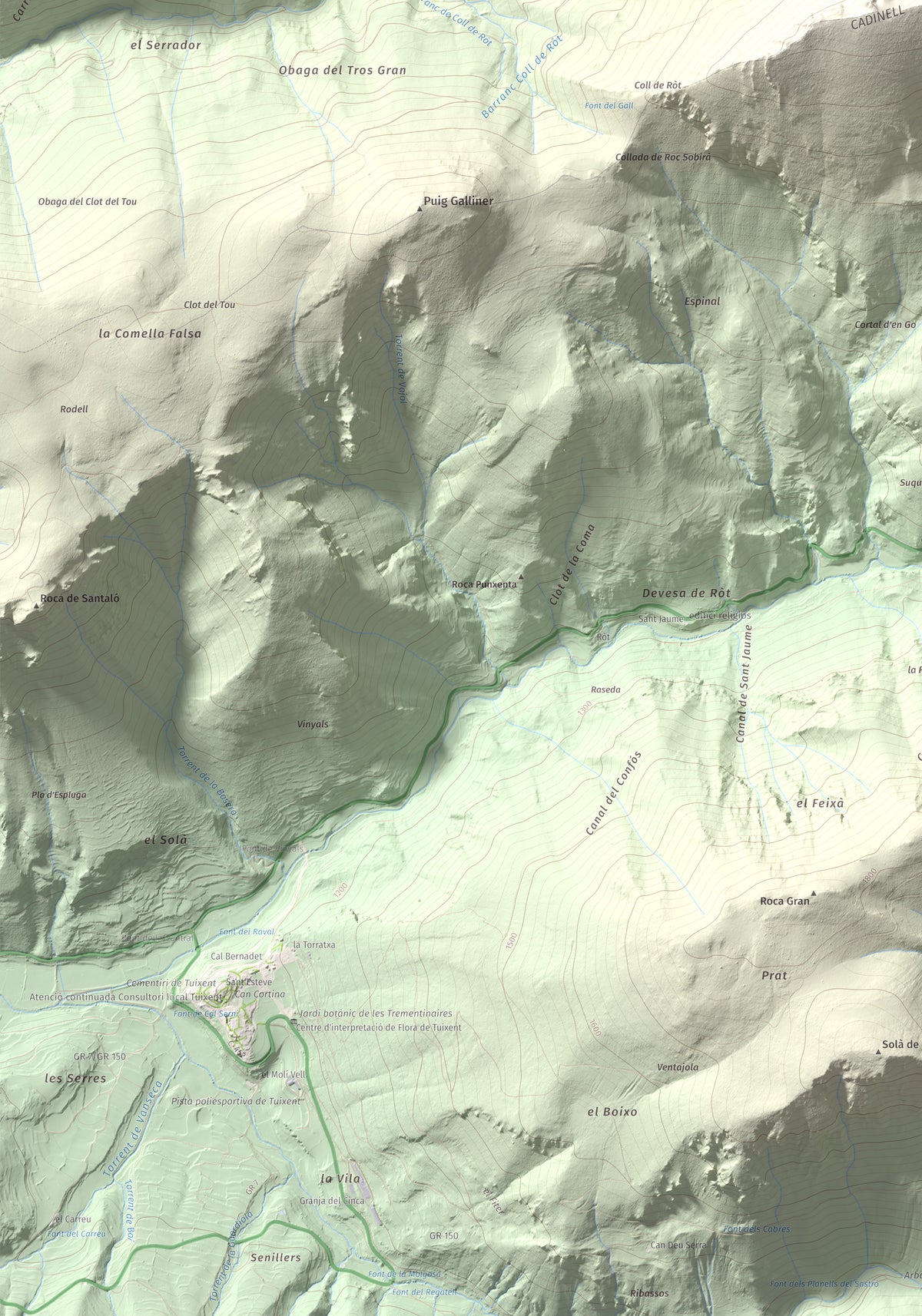 Mapa de relieve del Cadinell, 2113 m, Alt Urgell, lámina 100 Cims de Trobart. Detalle de la zona inferior izquierda. 70 × 100 cm.
