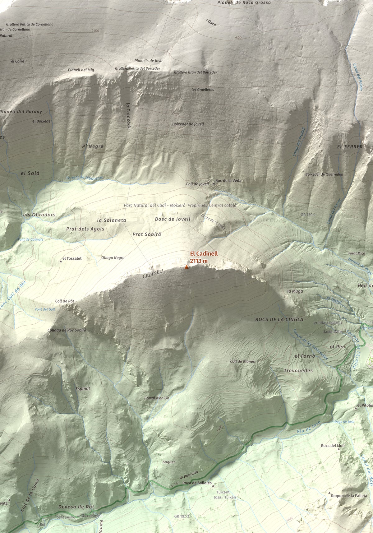 Mapa de relieve del Cadinell, 2113 m, Alt Urgell, lámina 100 Cims de Trobart. Detalle de la zona central. 70 × 100 cm.