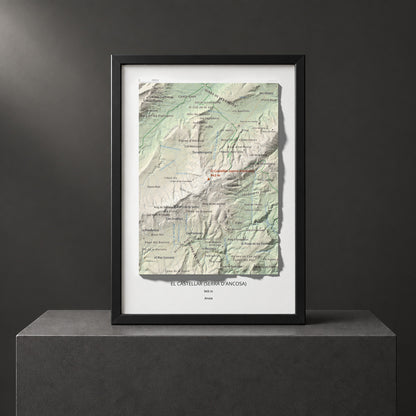 Mapa de relieve del Castellar (serra d'Ancosa), 943 m, Anoia, lámina 100 Cims de Trobart. Presentación enmarcada. 21 × 30 cm.