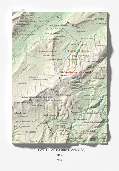 Mapa de relieve del Castellar (serra d'Ancosa), 943 m, Anoia, lámina 100 Cims de Trobart 21 × 30 cm.