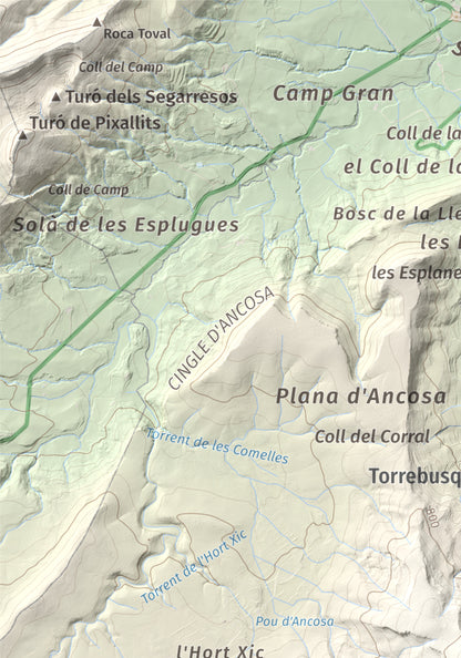 Mapa de relieve del Castellar (serra d'Ancosa), 943 m, Anoia, lámina 100 Cims de Trobart. Detalle de la zona superior izquierda. 21 × 30 cm.