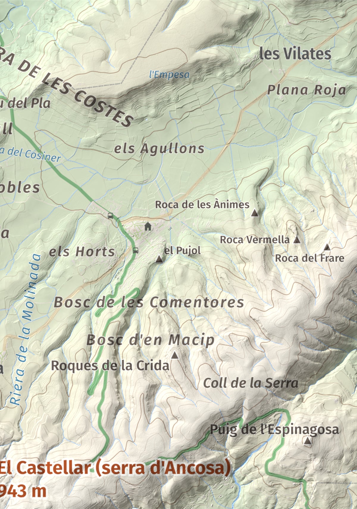 Mapa de relieve del Castellar (serra d'Ancosa), 943 m, Anoia, lámina 100 Cims de Trobart. Detalle de la zona superior derecha. 21 × 30 cm.