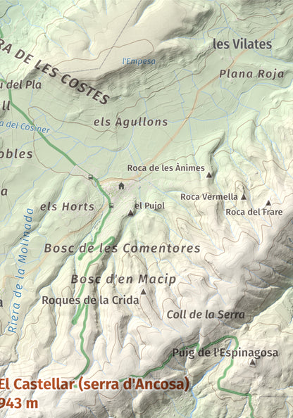 Mapa de relieve del Castellar (serra d'Ancosa), 943 m, Anoia, lámina 100 Cims de Trobart. Detalle de la zona superior derecha. 21 × 30 cm.