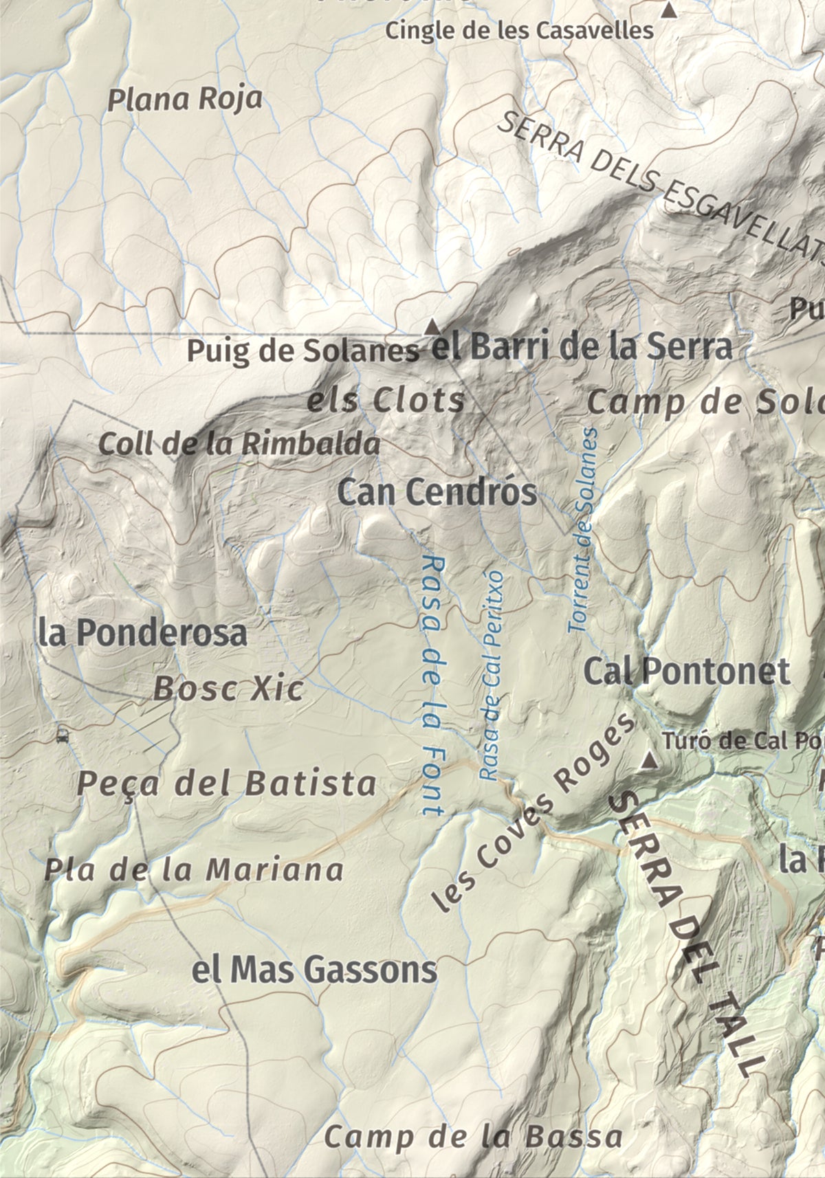 Mapa de relieve del Castellar (serra d'Ancosa), 943 m, Anoia, lámina 100 Cims de Trobart. Detalle de la zona inferior izquierda. 21 × 30 cm.