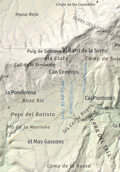 Mapa de relieve del Castellar (serra d'Ancosa), 943 m, Anoia, lámina 100 Cims de Trobart. Detalle de la zona inferior izquierda. 21 × 30 cm.