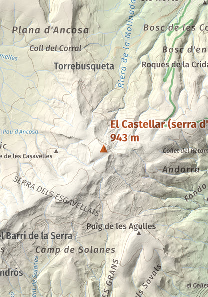 Mapa de relieve del Castellar (serra d'Ancosa), 943 m, Anoia, lámina 100 Cims de Trobart. Detalle de la zona central. 21 × 30 cm.