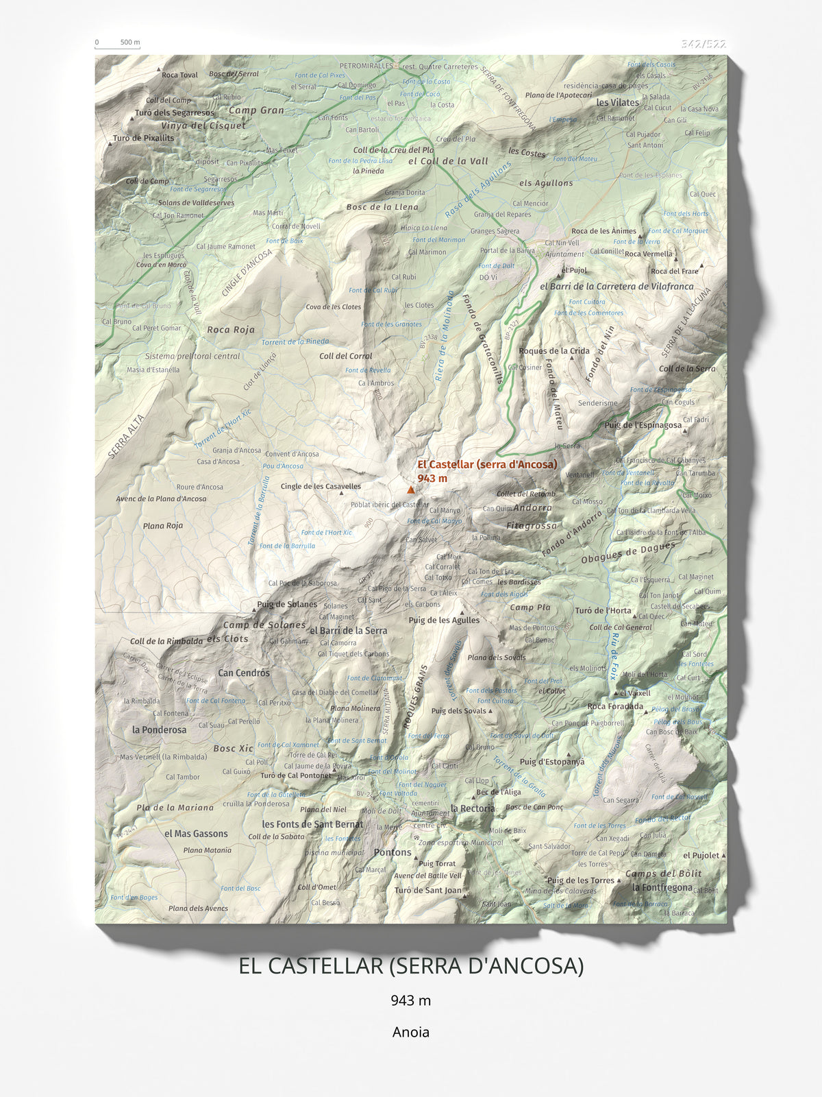 Mapa de relieve del Castellar (serra d'Ancosa), 943 m, Anoia, lámina 100 Cims de Trobart 30 × 40 cm.