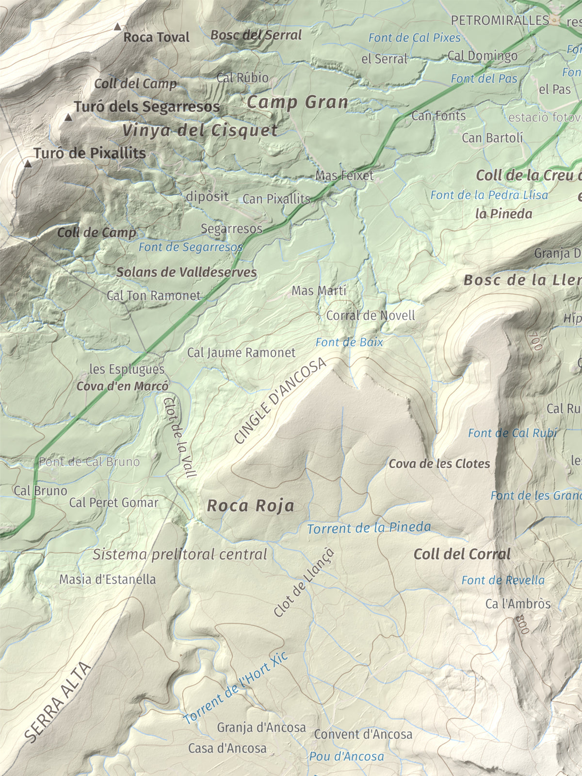 Mapa de relieve del Castellar (serra d'Ancosa), 943 m, Anoia, lámina 100 Cims de Trobart. Detalle de la zona superior izquierda. 30 × 40 cm.