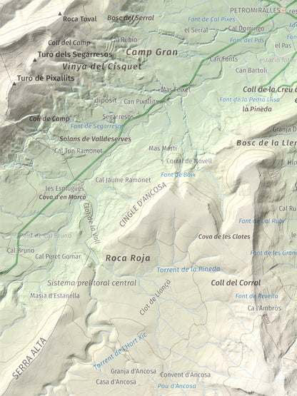 Mapa de relieve del Castellar (serra d'Ancosa), 943 m, Anoia, lámina 100 Cims de Trobart. Detalle de la zona superior izquierda. 30 × 40 cm.