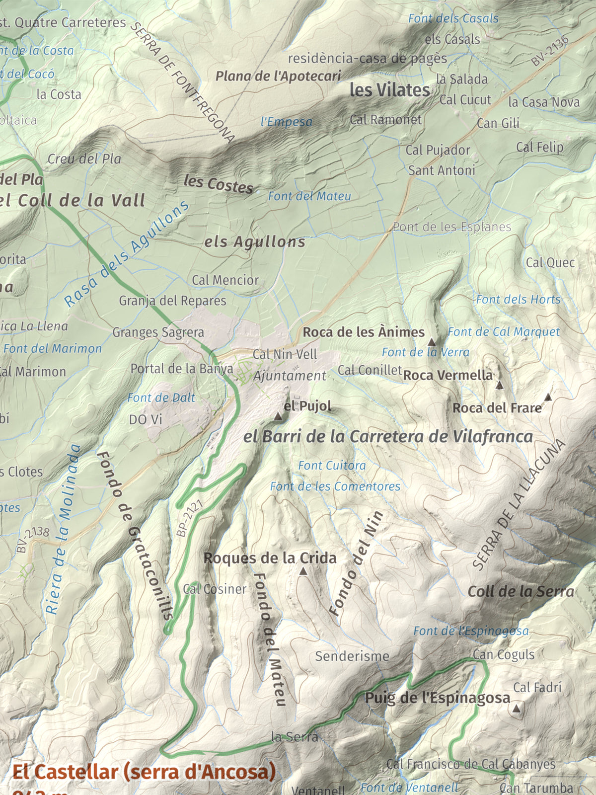 Mapa de relieve del Castellar (serra d'Ancosa), 943 m, Anoia, lámina 100 Cims de Trobart. Detalle de la zona superior derecha. 30 × 40 cm.