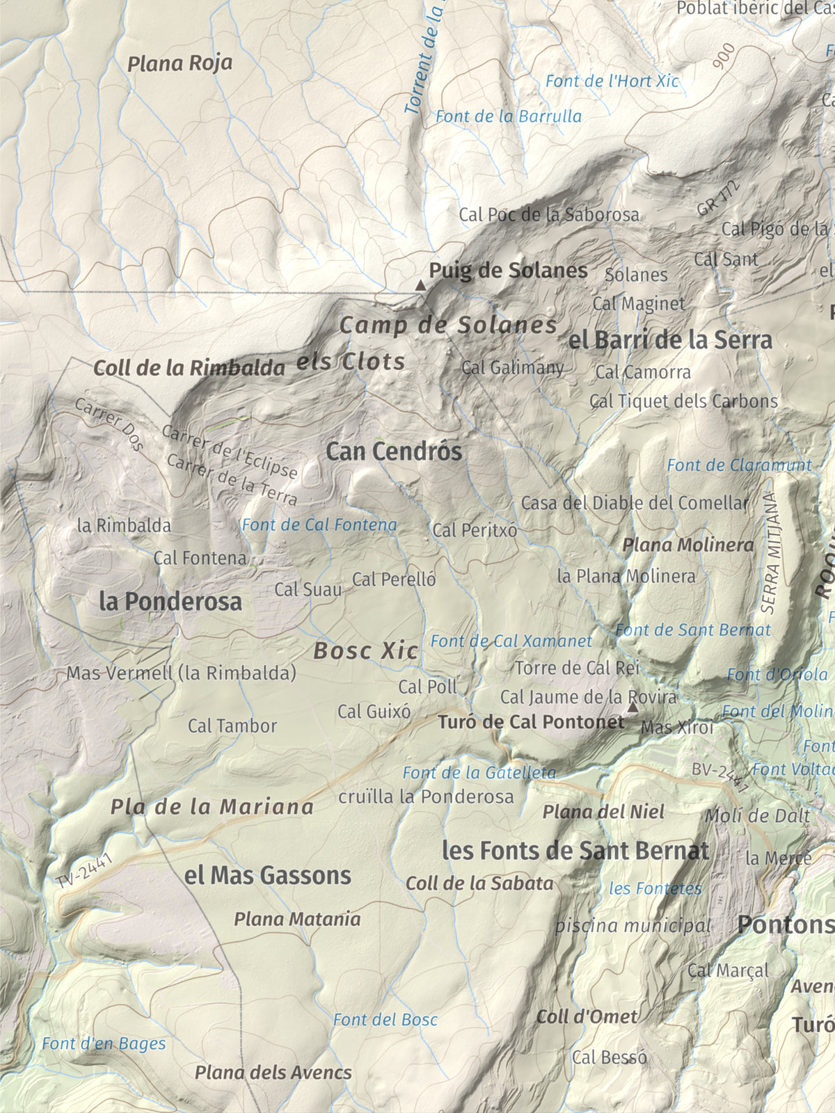 Mapa de relieve del Castellar (serra d'Ancosa), 943 m, Anoia, lámina 100 Cims de Trobart. Detalle de la zona inferior izquierda. 30 × 40 cm.