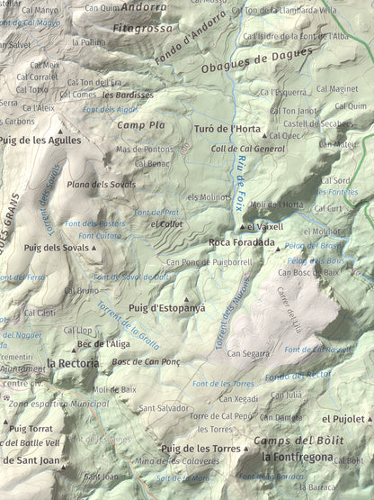 Mapa de relieve del Castellar (serra d'Ancosa), 943 m, Anoia, lámina 100 Cims de Trobart. Detalle de la zona inferior derecha. 30 × 40 cm.