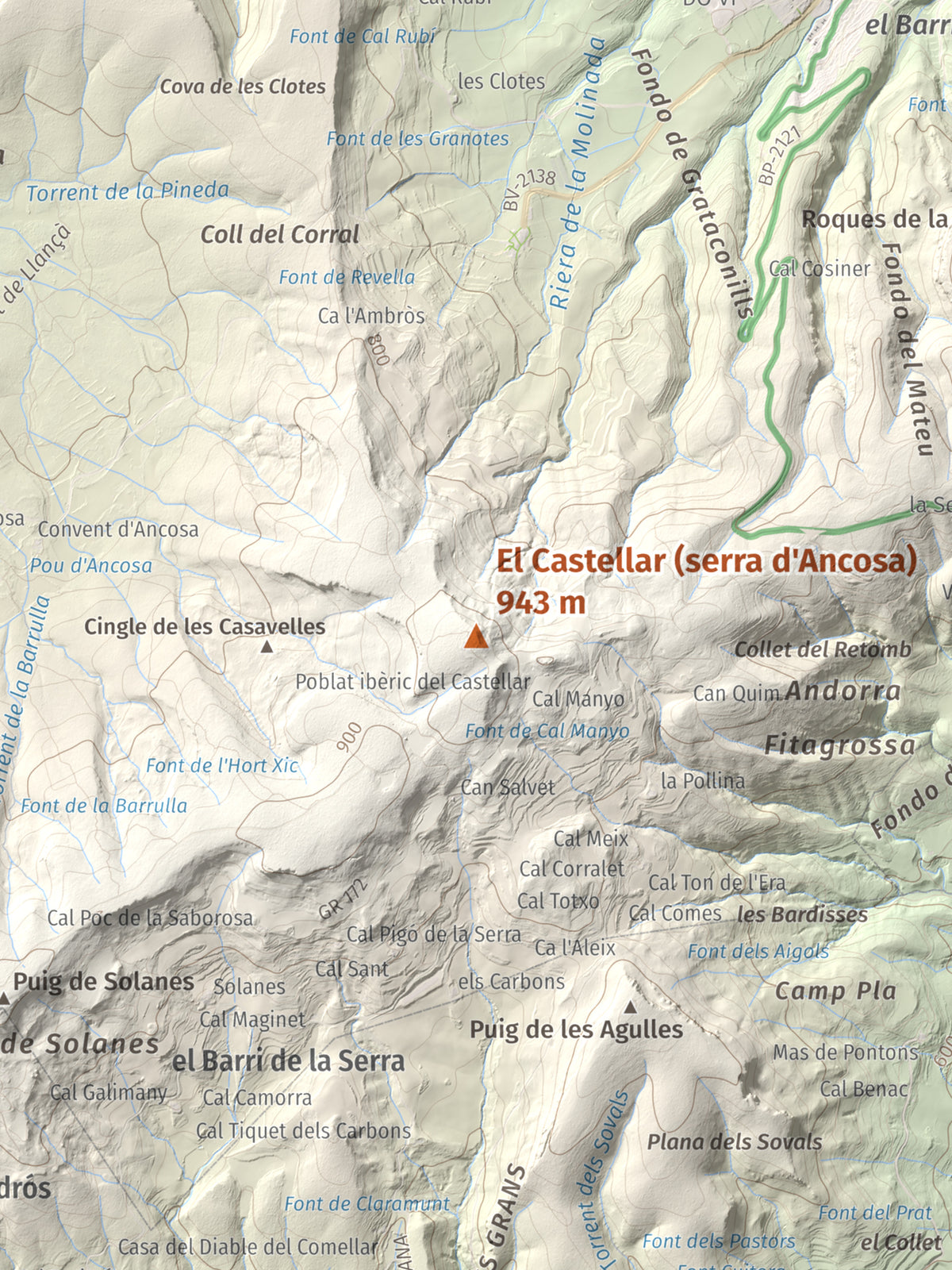 Mapa de relieve del Castellar (serra d'Ancosa), 943 m, Anoia, lámina 100 Cims de Trobart. Detalle de la zona central. 30 × 40 cm.