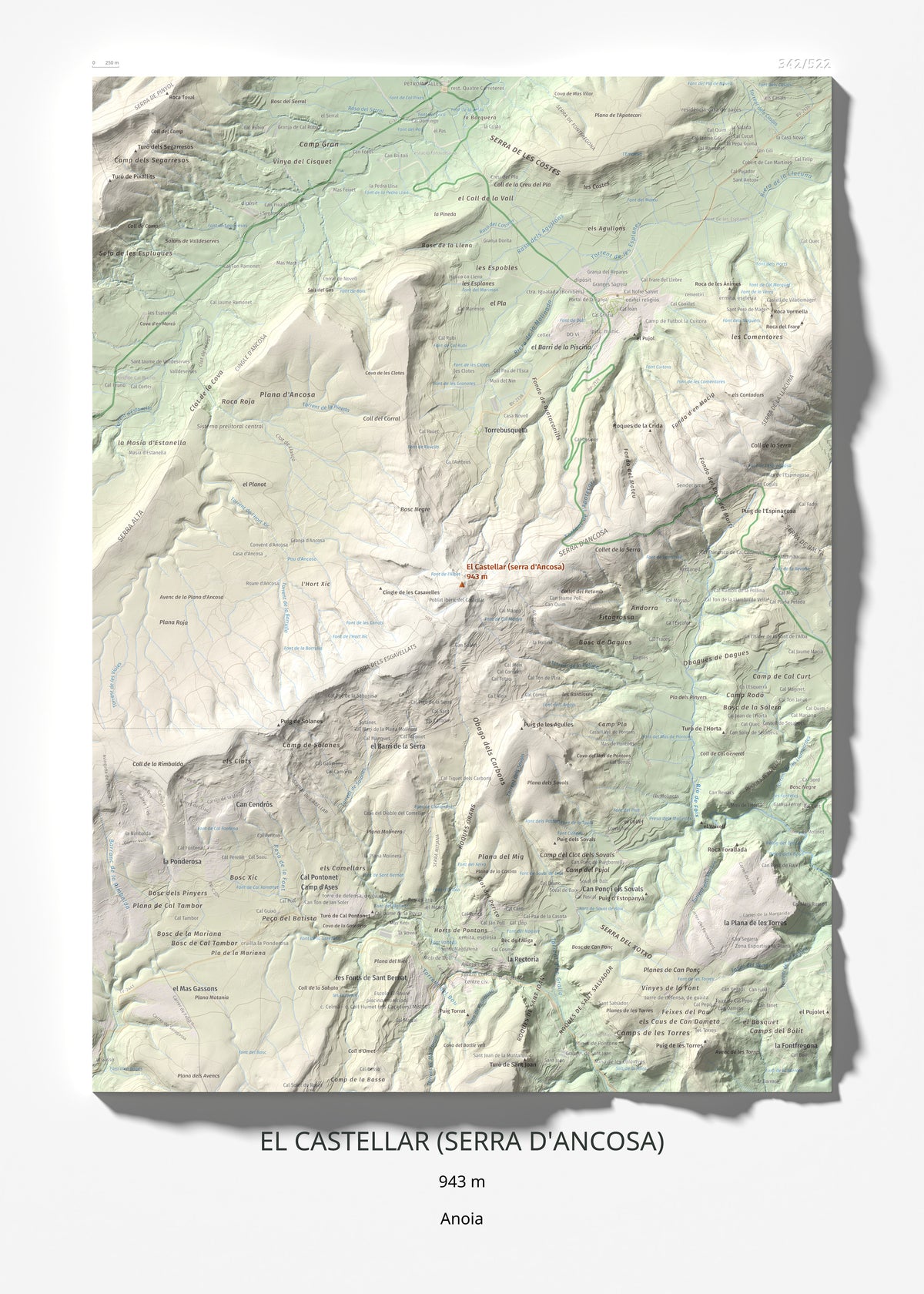 Mapa de relieve del Castellar (serra d'Ancosa), 943 m, Anoia, lámina 100 Cims de Trobart 50 × 70 cm.