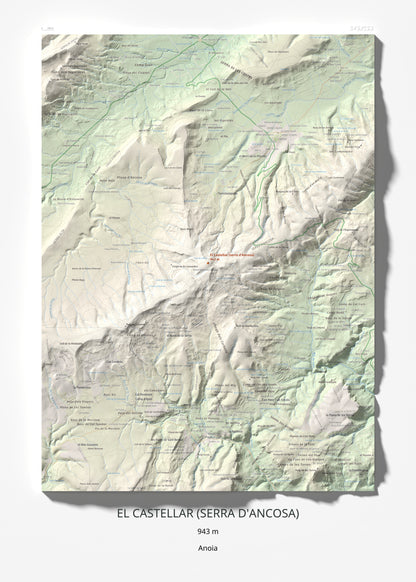 Mapa de relieve del Castellar (serra d'Ancosa), 943 m, Anoia, lámina 100 Cims de Trobart 50 × 70 cm.