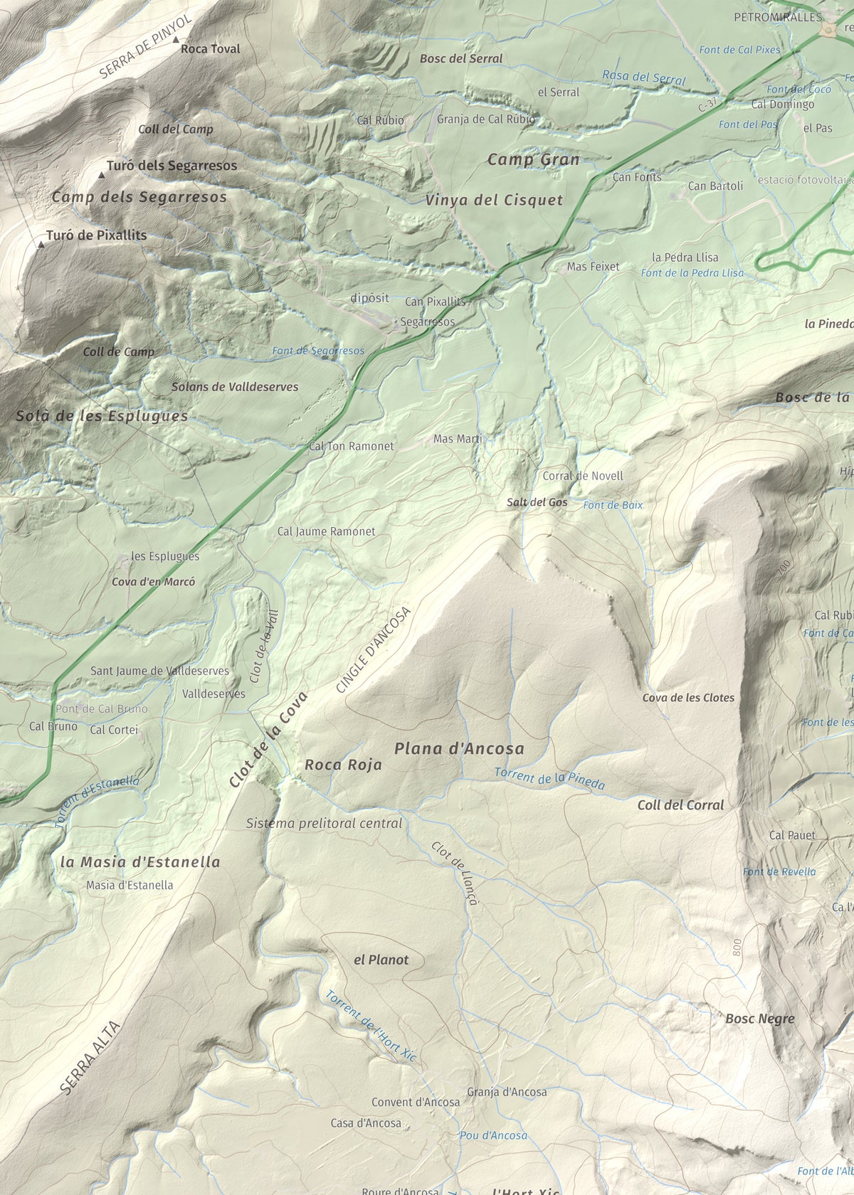 Mapa de relieve del Castellar (serra d'Ancosa), 943 m, Anoia, lámina 100 Cims de Trobart. Detalle de la zona superior izquierda. 50 × 70 cm.