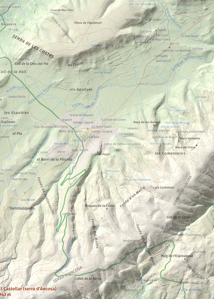 Mapa de relieve del Castellar (serra d'Ancosa), 943 m, Anoia, lámina 100 Cims de Trobart. Detalle de la zona superior derecha. 50 × 70 cm.