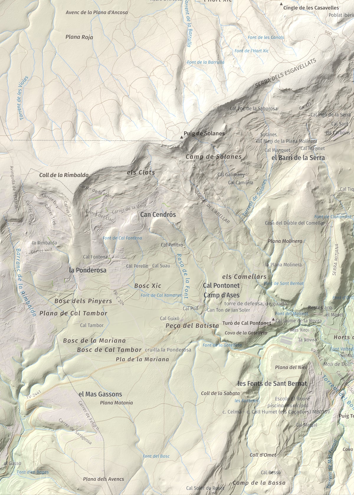 Mapa de relieve del Castellar (serra d'Ancosa), 943 m, Anoia, lámina 100 Cims de Trobart. Detalle de la zona inferior izquierda. 50 × 70 cm.
