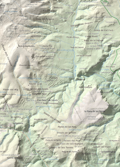 Mapa de relieve del Castellar (serra d'Ancosa), 943 m, Anoia, lámina 100 Cims de Trobart. Detalle de la zona inferior derecha. 50 × 70 cm.