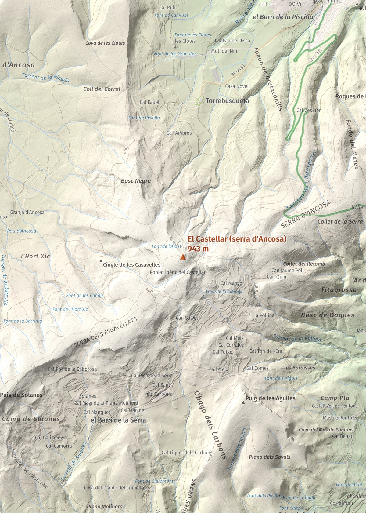 Mapa de relieve del Castellar (serra d'Ancosa), 943 m, Anoia, lámina 100 Cims de Trobart. Detalle de la zona central. 50 × 70 cm.