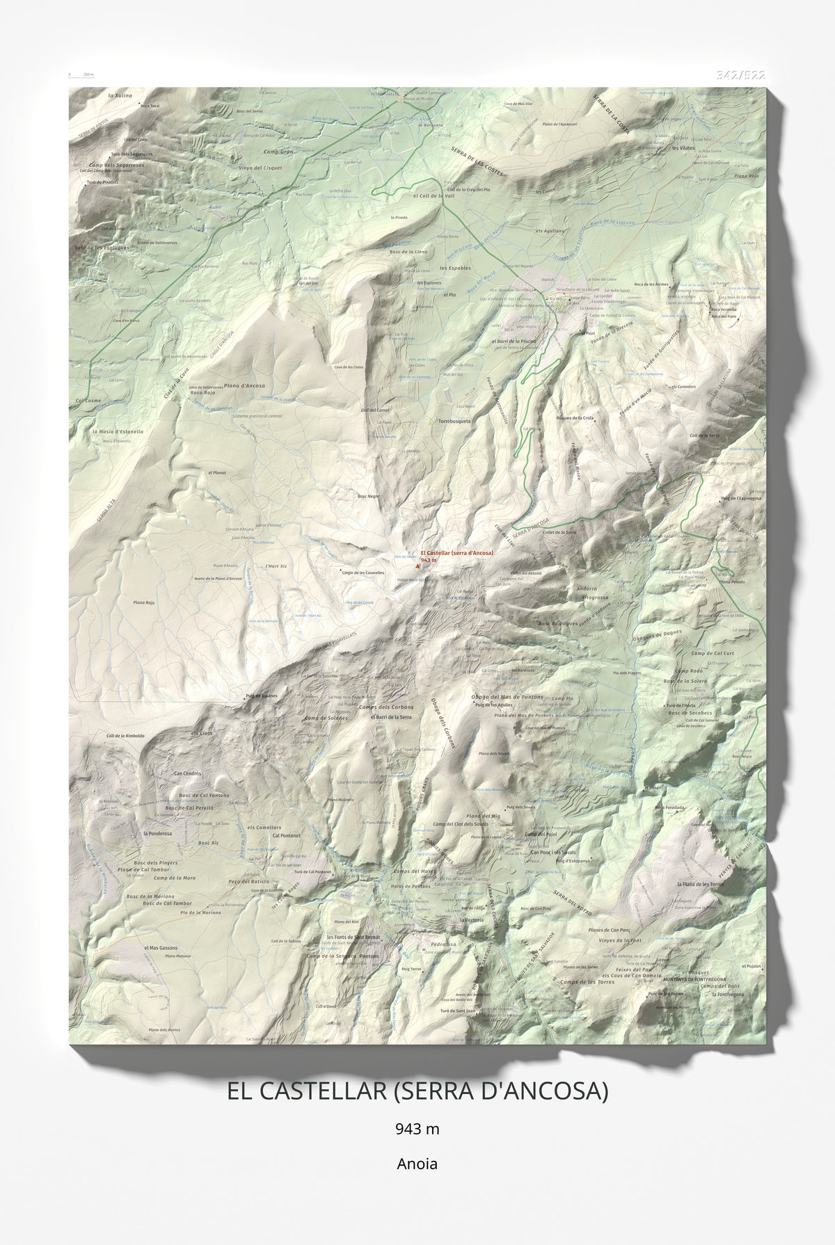 Mapa de relieve del Castellar (serra d'Ancosa), 943 m, Anoia, lámina 100 Cims de Trobart 61 × 91 cm.