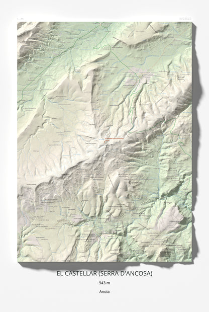 Mapa de relieve del Castellar (serra d'Ancosa), 943 m, Anoia, lámina 100 Cims de Trobart 61 × 91 cm.