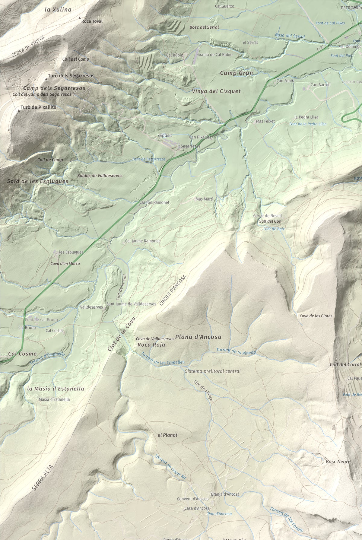 Mapa de relieve del Castellar (serra d'Ancosa), 943 m, Anoia, lámina 100 Cims de Trobart. Detalle de la zona superior izquierda. 61 × 91 cm.