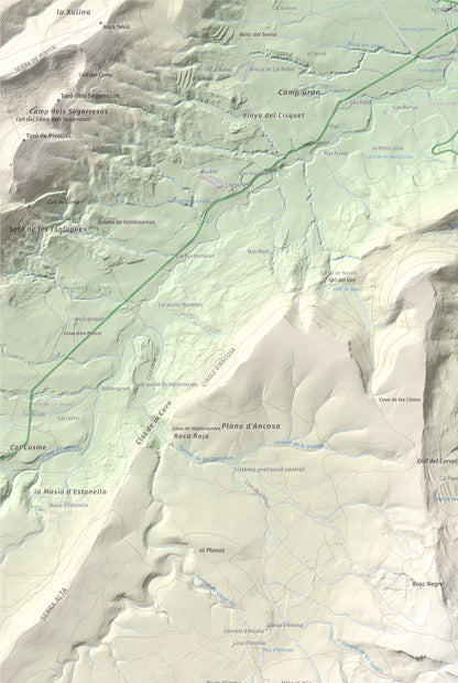 Mapa de relieve del Castellar (serra d'Ancosa), 943 m, Anoia, lámina 100 Cims de Trobart. Detalle de la zona superior izquierda. 61 × 91 cm.