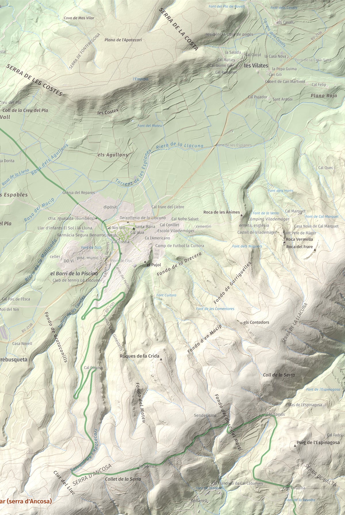 Mapa de relieve del Castellar (serra d'Ancosa), 943 m, Anoia, lámina 100 Cims de Trobart. Detalle de la zona superior derecha. 61 × 91 cm.