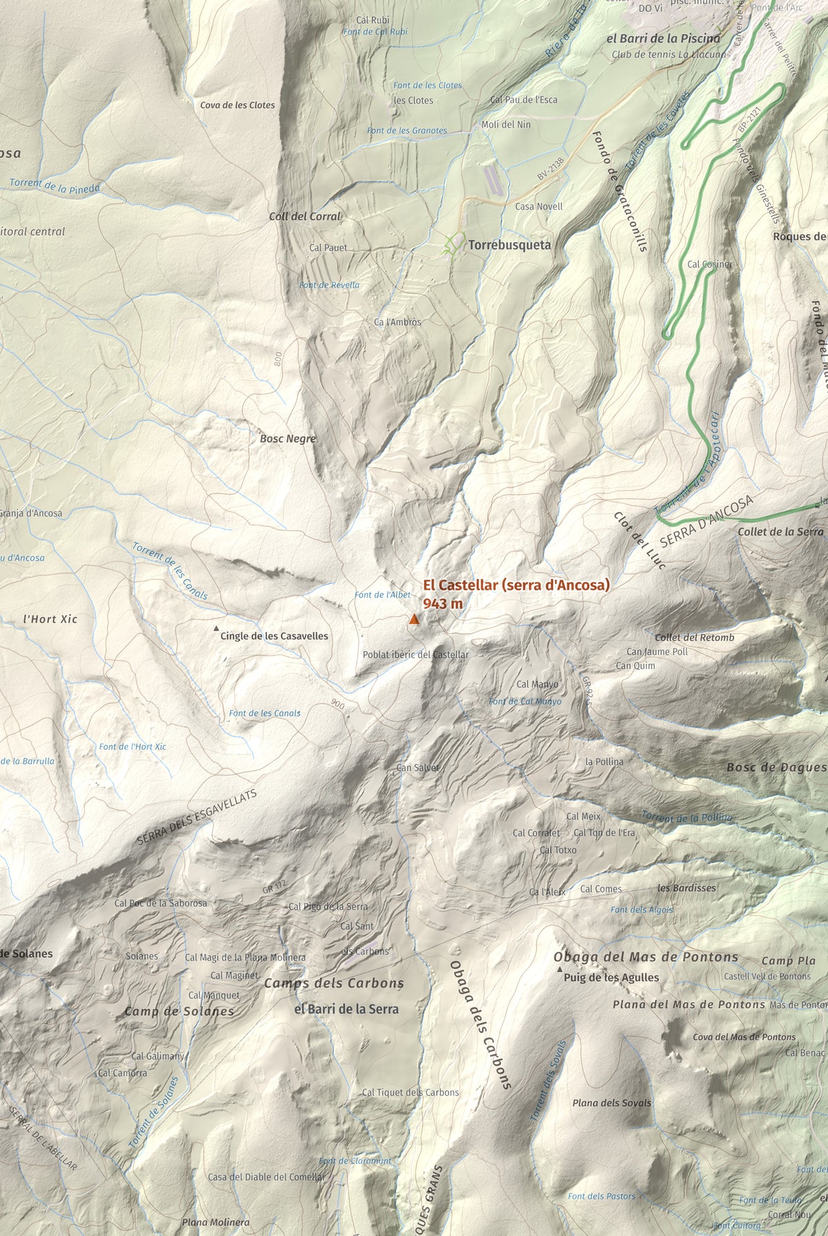 Mapa de relieve del Castellar (serra d'Ancosa), 943 m, Anoia, lámina 100 Cims de Trobart. Detalle de la zona central. 61 × 91 cm.