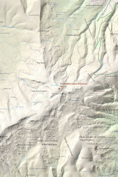 Mapa de relieve del Castellar (serra d'Ancosa), 943 m, Anoia, lámina 100 Cims de Trobart. Detalle de la zona central. 61 × 91 cm.