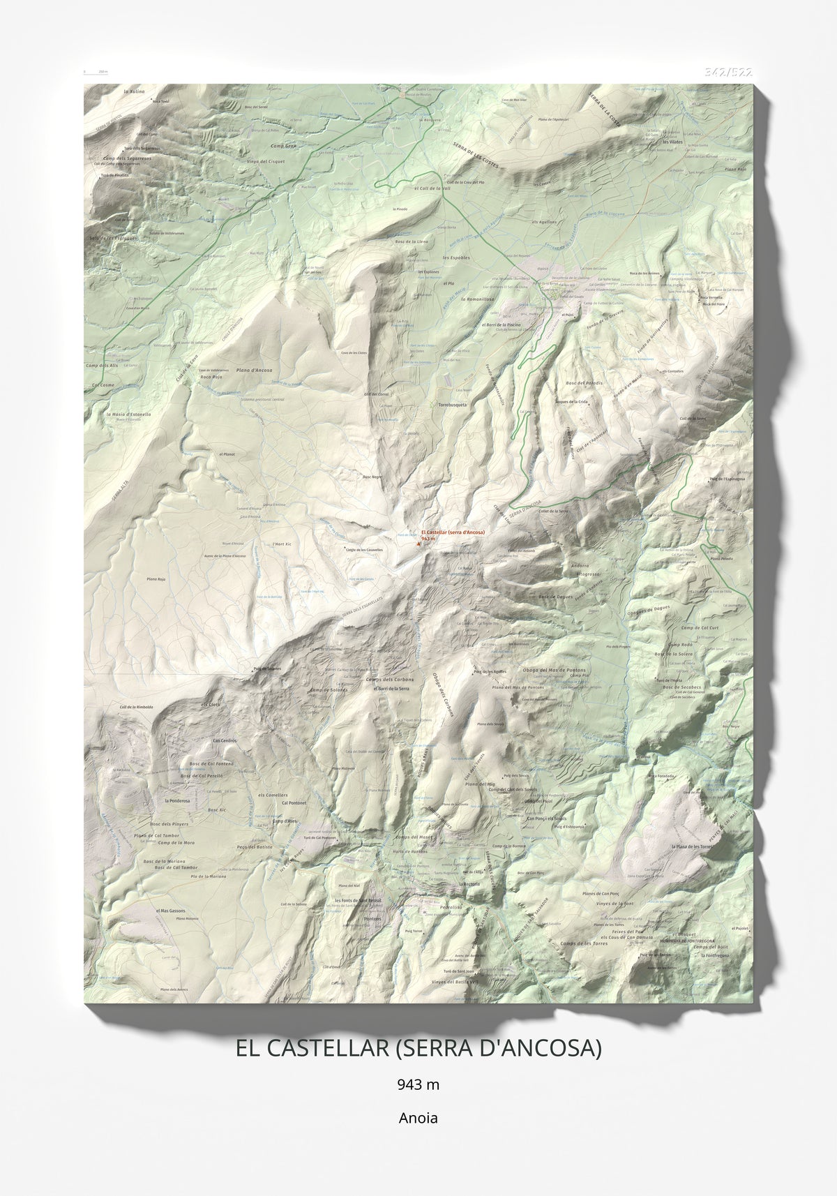 Mapa de relieve del Castellar (serra d'Ancosa), 943 m, Anoia, lámina 100 Cims de Trobart 70 × 100 cm.
