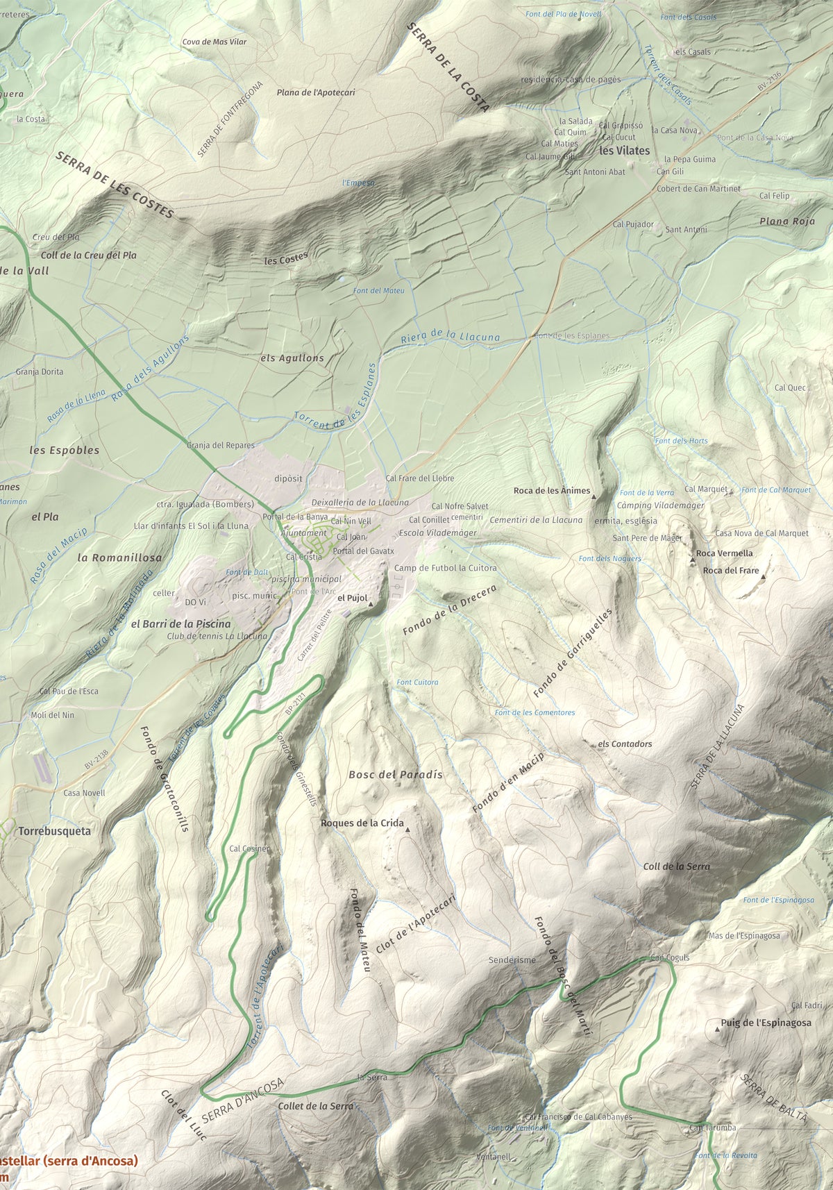 Mapa de relieve del Castellar (serra d'Ancosa), 943 m, Anoia, lámina 100 Cims de Trobart. Detalle de la zona superior derecha. 70 × 100 cm.