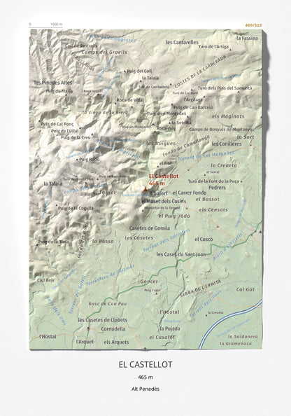 Mapa de relieve del Castellot, 465 m, Alt Penedès, lámina 100 Cims de Trobart 21 × 30 cm.