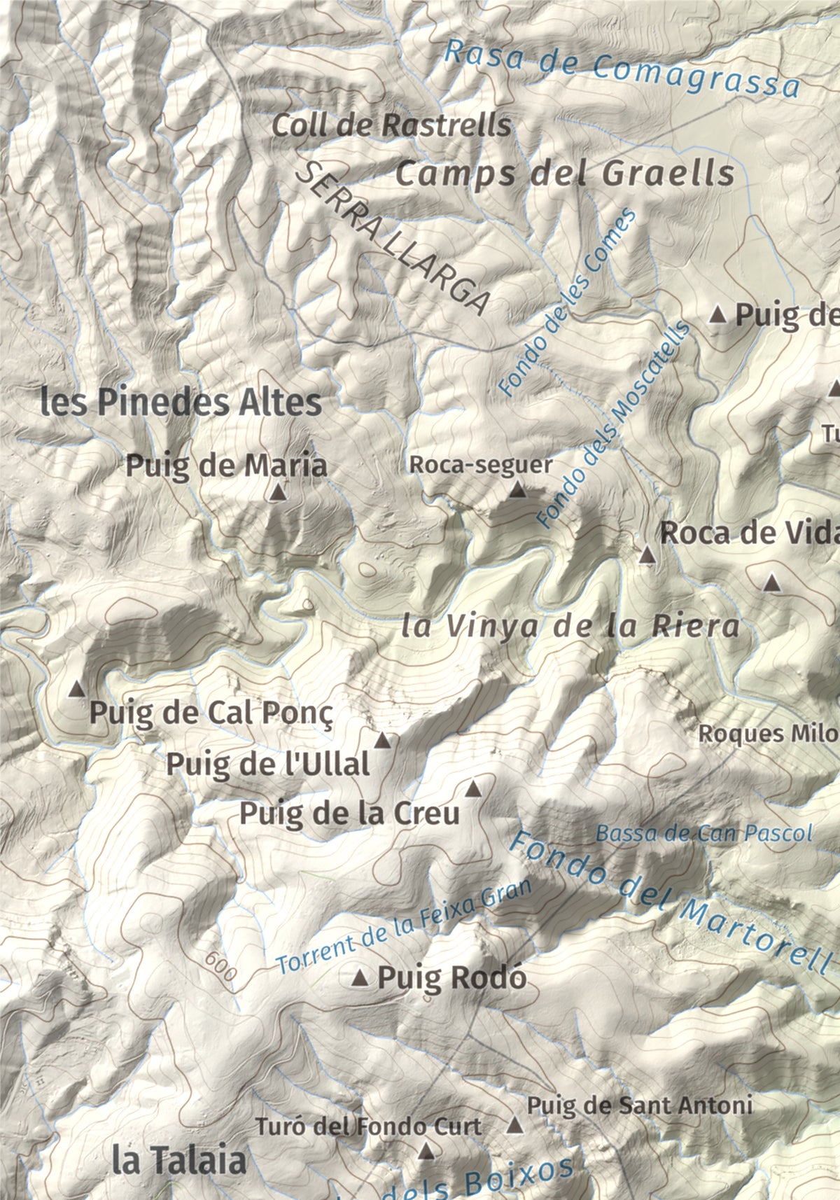 Mapa de relieve del Castellot, 465 m, Alt Penedès, lámina 100 Cims de Trobart. Detalle de la zona superior izquierda. 21 × 30 cm.