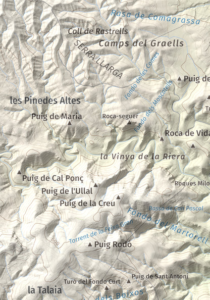 Mapa de relieve del Castellot, 465 m, Alt Penedès, lámina 100 Cims de Trobart. Detalle de la zona superior izquierda. 21 × 30 cm.
