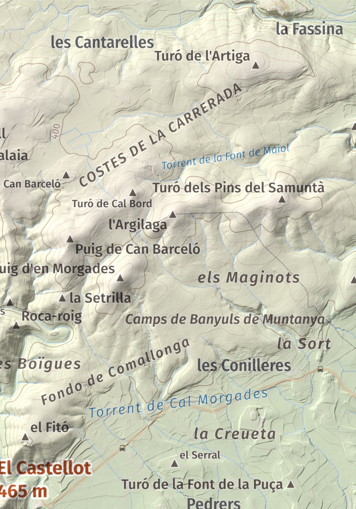 Mapa de relieve del Castellot, 465 m, Alt Penedès, lámina 100 Cims de Trobart. Detalle de la zona superior derecha. 21 × 30 cm.