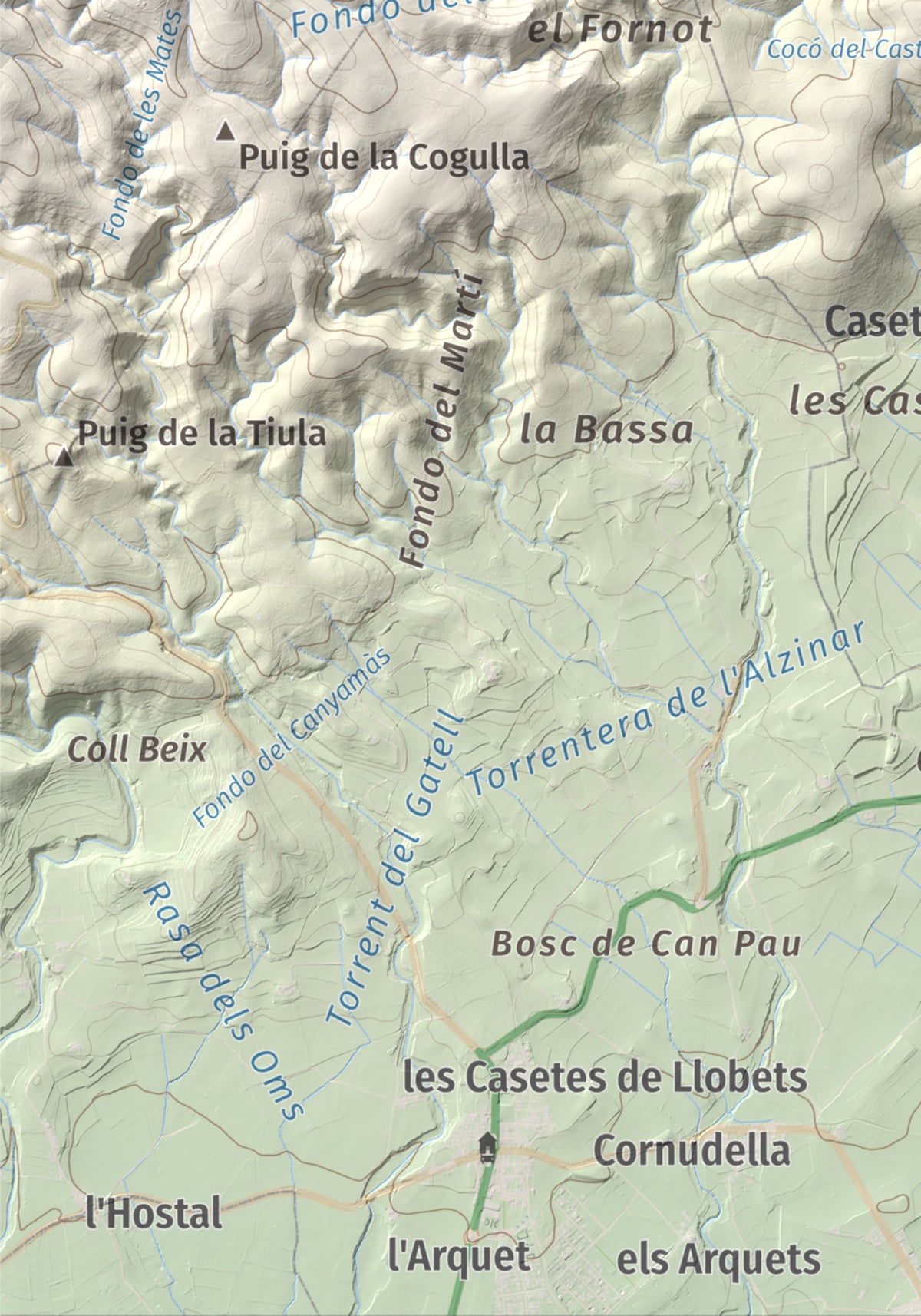 Mapa de relieve del Castellot, 465 m, Alt Penedès, lámina 100 Cims de Trobart. Detalle de la zona inferior izquierda. 21 × 30 cm.